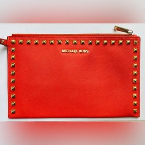 Michael Kors, orange red, orange, saffiano leather clutch wristlet handbag